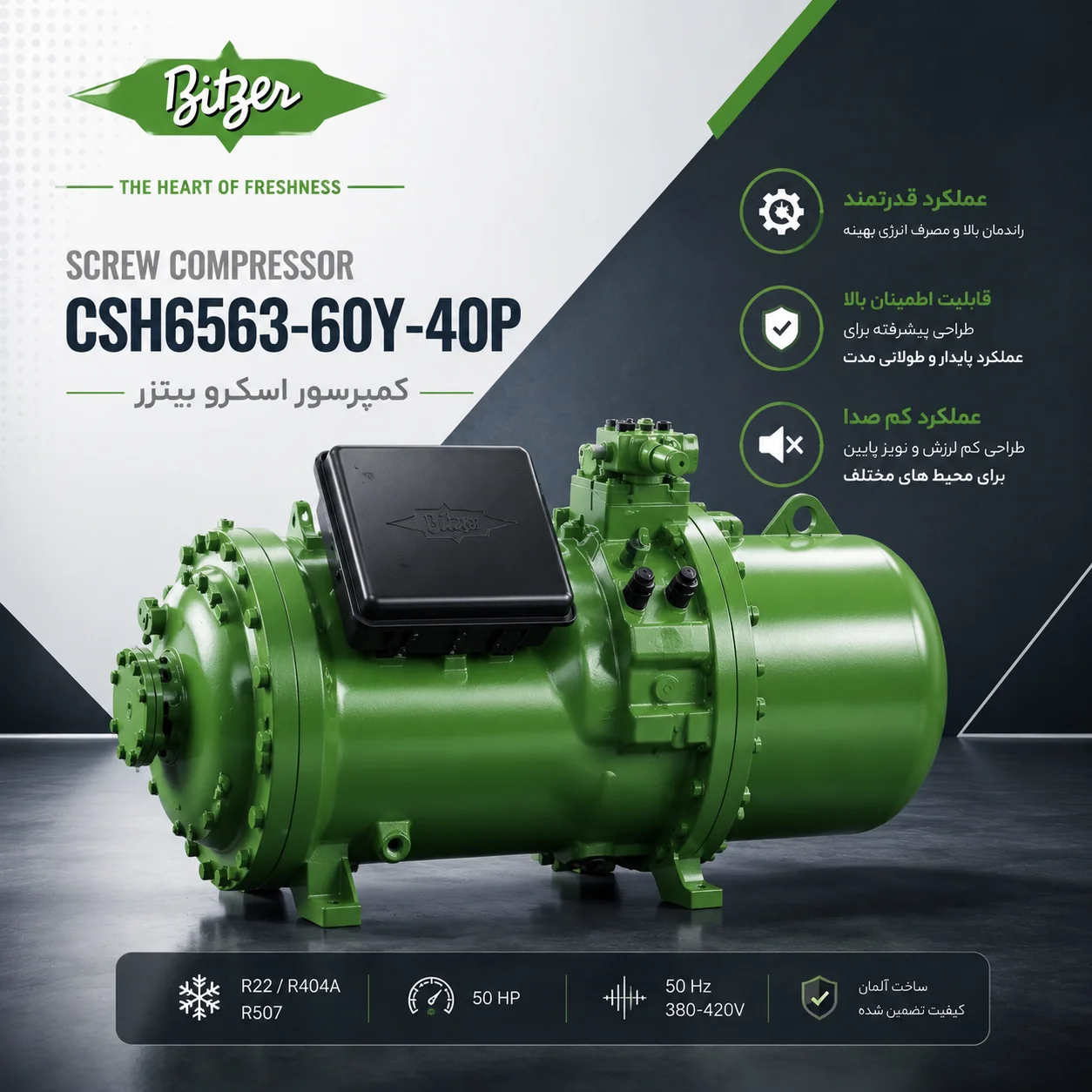 کمپرسور اسکرو بیتزر مدل CSH6563-60Y-40P-توان 60 اسب بخار-3فاز