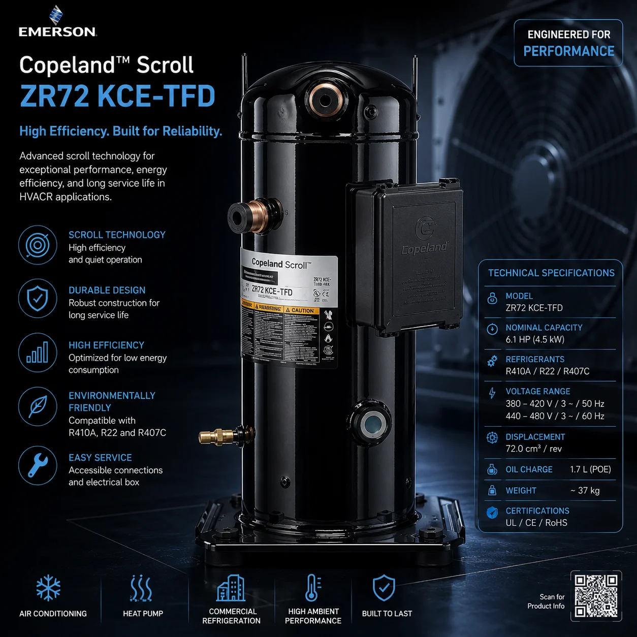 کمپرسور اسکرال کوپلند مدل ZR72KCE-TFD-422-توان 6 اسب بخار-سه فاز