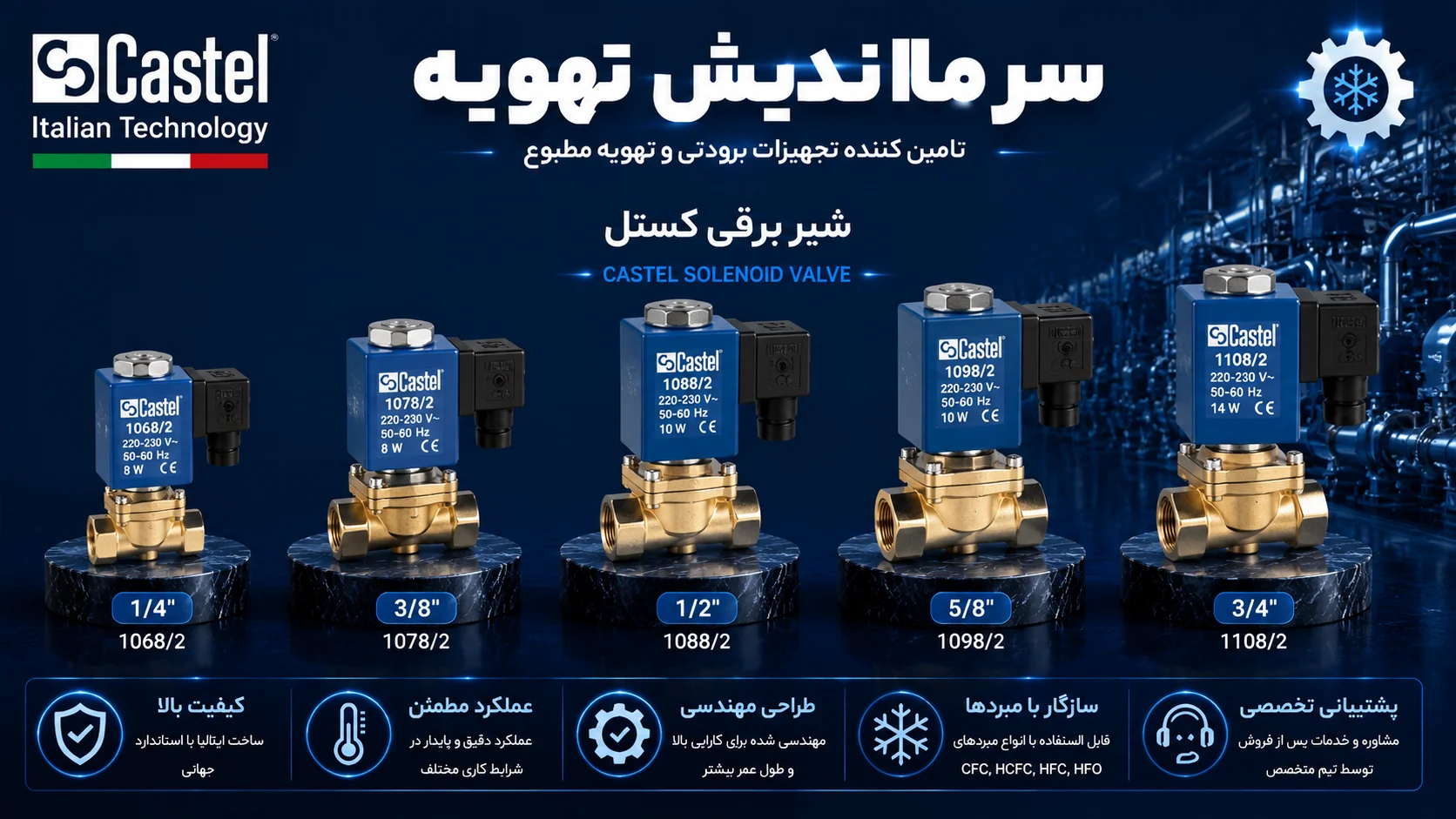 خرید شیر برقی کستل Castel برای چیلر و سیستم‌های تبرید