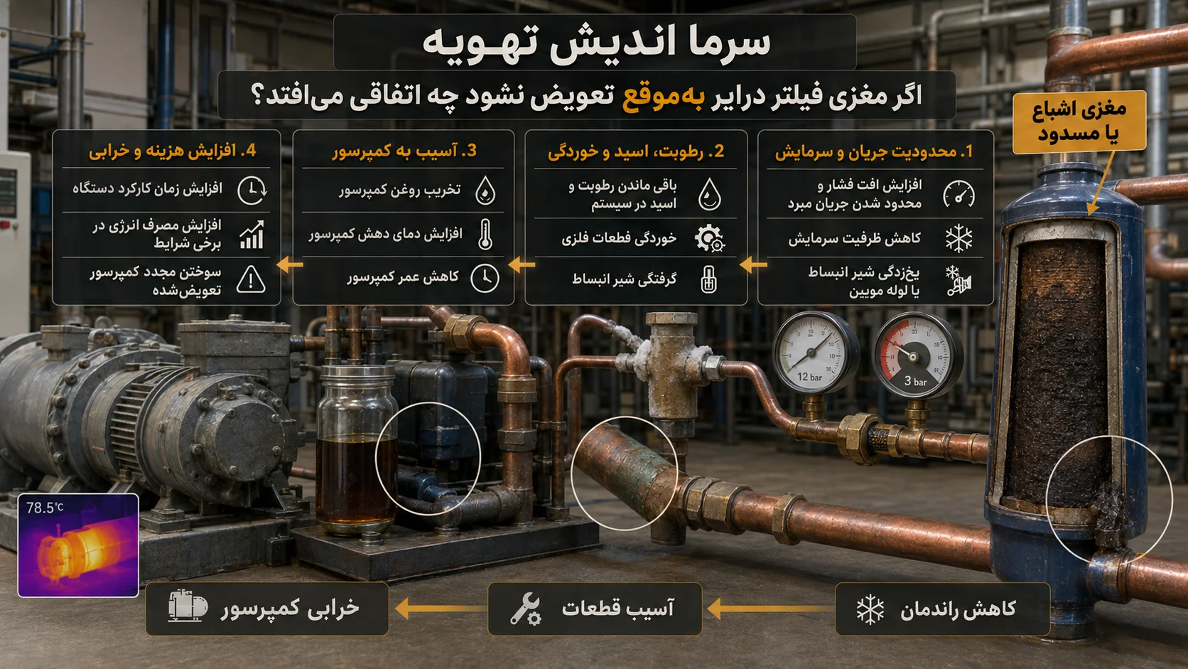 مشکلات ناشی از تعویض نکردن مغزی فیلتر درایر