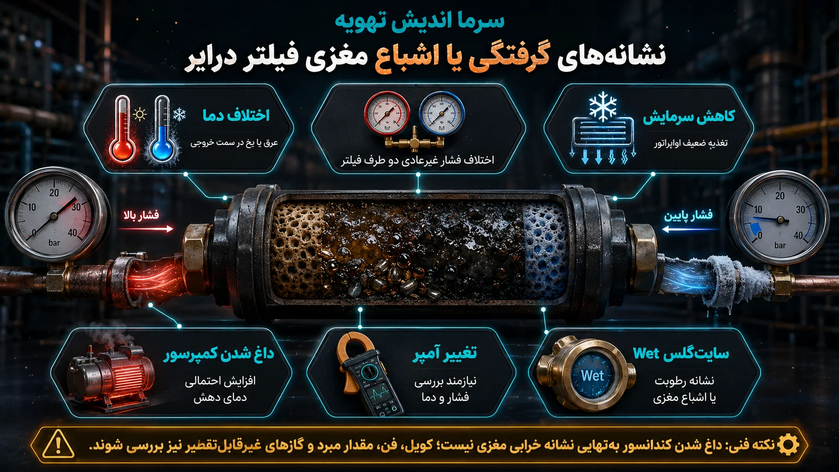 نشانههای اشباع و گرفتگی مغزی فیلتر درایر